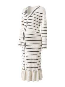 SHEIN Ribbed Maternity Knit Dress, High Elastic Ribbed Fabric, Accommodates All Pregnancy Stages, Suitable For Commuting, Photoshoots, Dates And Multiple Occasions, Autumn - Apricot - View 6
