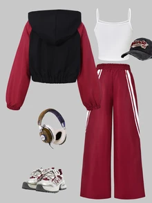 SHEIN 3件組女孩套裝，甜酷韓系休閒風，適合校園、旅行、春秋日常穿著，粉色豹紋數位印花拼接配色，蝴蝶結刺繡連帽外套＋細肩帶寬腿褲套裝 - 酒紅色 - 查看 2