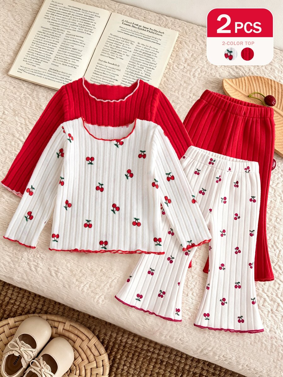 SHEIN Vintaside Kids 2Pcs Baby Girl Cute Cherry Print & Solid Rib Knit Long Sleeve Top Set Sweet Ruffle Trim Crewneck Tee Autumn Winter - Red and White - View 1