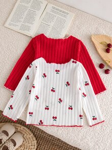 SHEIN Vintaside Kids 2Pcs Baby Girl Cute Cherry Print & Solid Rib Knit Long Sleeve Top Set Sweet Ruffle Trim Crewneck Tee Autumn Winter - Red and White - View 2