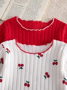 SHEIN Vintaside Kids 2Pcs Baby Girl Cute Cherry Print & Solid Rib Knit Long Sleeve Top Set Sweet Ruffle Trim Crewneck Tee Autumn Winter - Red and White - View 5
