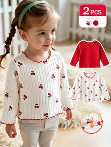 SHEIN Vintaside Kids 2Pcs Baby Girl Cute Cherry Print & Solid Rib Knit Long Sleeve Top Set Sweet Ruffle Trim Crewneck Tee Autumn Winter - Red and White - View 3