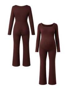 SHEIN Maternity Solid Color Casual Daily Wear Sports Jumpsuit - Brown - View 5