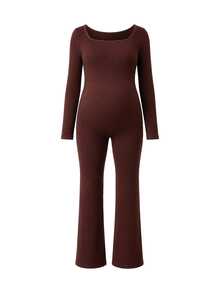 SHEIN Maternity Solid Color Casual Daily Wear Sports Jumpsuit - Brown - View 6