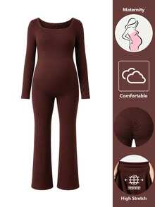 SHEIN Maternity Solid Color Casual Daily Wear Sports Jumpsuit - Brown - View 3