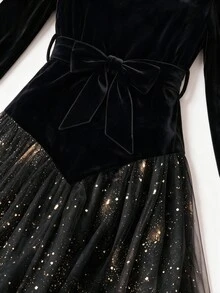 GlowEve CURVE Autumn/Winter Evening Party Round Neck Long Sleeve Velvet Comfortable Fabric Patchwork Hem Gold Foil Mesh Long Dress Plus Size - Black - View 7