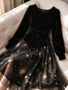 GlowEve CURVE Autumn/Winter Evening Party Round Neck Long Sleeve Velvet Comfortable Fabric Patchwork Hem Gold Foil Mesh Long Dress Plus Size - Black - View 1