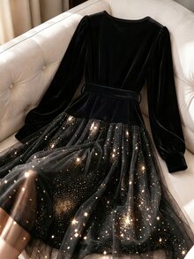GlowEve CURVE Autumn/Winter Evening Party Round Neck Long Sleeve Velvet Comfortable Fabric Patchwork Hem Gold Foil Mesh Long Dress Plus Size - Black - View 2