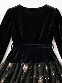 GlowEve CURVE Autumn/Winter Evening Party Round Neck Long Sleeve Velvet Comfortable Fabric Patchwork Hem Gold Foil Mesh Long Dress Plus Size - Black - View 4