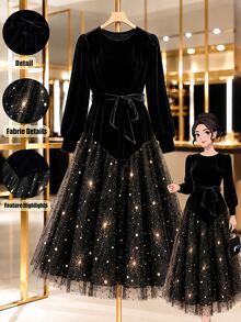 GlowEve CURVE Autumn/Winter Evening Party Round Neck Long Sleeve Velvet Comfortable Fabric Patchwork Hem Gold Foil Mesh Long Dress Plus Size - Black - View 3