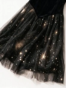 GlowEve CURVE Autumn/Winter Evening Party Round Neck Long Sleeve Velvet Comfortable Fabric Patchwork Hem Gold Foil Mesh Long Dress Plus Size - Black - View 6