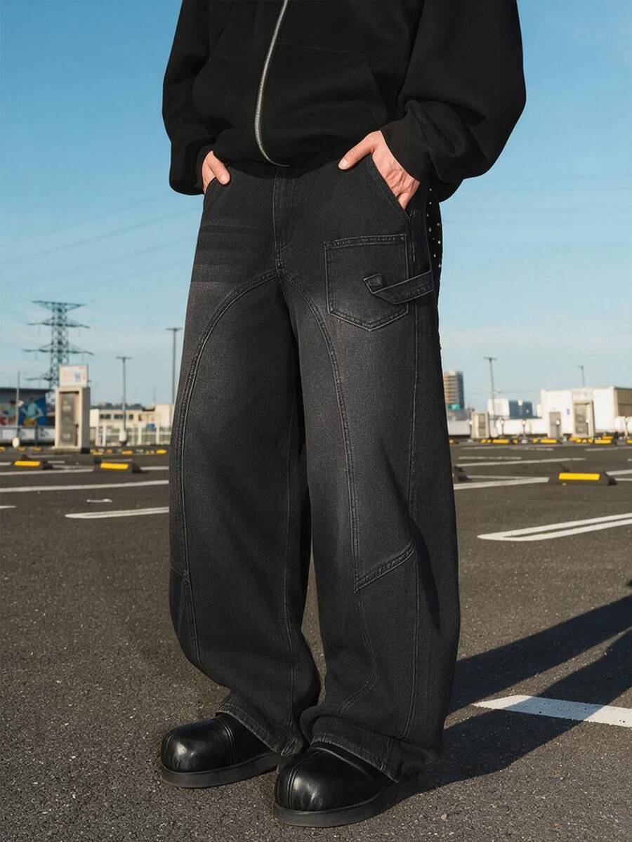 STEELVANCE Men's American Street Style Button Pocket Jeans - Black - View 1
