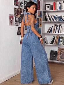 Jeanoix Women's Loose Tie-Front Denim Jumpsuit - Blue - View 3