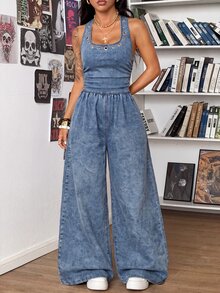Jeanoix Women's Loose Tie-Front Denim Jumpsuit - Blue - View 5
