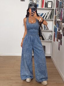 Jeanoix Women's Loose Tie-Front Denim Jumpsuit - Blue - View 4