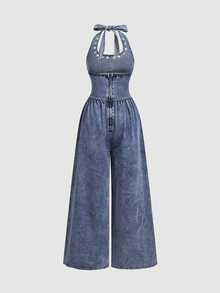 Jeanoix Women's Loose Tie-Front Denim Jumpsuit - Blue - View 8