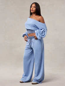 Radiana American Retro Gray Blue Colorblock Washed Distressed Sweatshirt, Asymmetrical Shoulder Cinched Waist Short Cropped Top, Street Style Casual Home Wear - Blue - View 4
