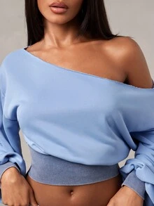 Radiana American Retro Gray Blue Colorblock Washed Distressed Sweatshirt, Asymmetrical Shoulder Cinched Waist Short Cropped Top, Street Style Casual Home Wear - Blue - View 3