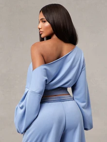 Radiana American Retro Gray Blue Colorblock Washed Distressed Sweatshirt, Asymmetrical Shoulder Cinched Waist Short Cropped Top, Street Style Casual Home Wear - Blue - View 2