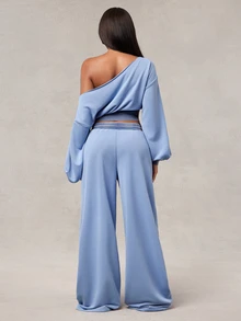 Radiana American Retro Gray Blue Colorblock Washed Distressed Sweatshirt, Asymmetrical Shoulder Cinched Waist Short Cropped Top, Street Style Casual Home Wear - Blue - View 5