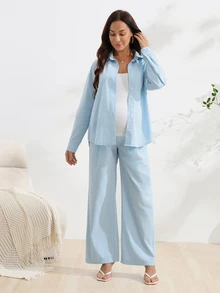 SHEIN طقم دنيم بسيط بألوان فاتحة وفتحة أمامية للحوامل - أزرق فاتح - مشاهدة 6
