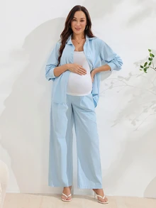 SHEIN طقم دنيم بسيط بألوان فاتحة وفتحة أمامية للحوامل - أزرق فاتح - مشاهدة 5