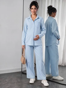 SHEIN طقم دنيم بسيط بألوان فاتحة وفتحة أمامية للحوامل - أزرق فاتح - مشاهدة 1