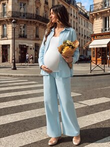 SHEIN طقم دنيم بسيط بألوان فاتحة وفتحة أمامية للحوامل - أزرق فاتح - مشاهدة 11