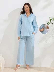 SHEIN طقم دنيم بسيط بألوان فاتحة وفتحة أمامية للحوامل - أزرق فاتح - مشاهدة 4