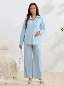 SHEIN طقم دنيم بسيط بألوان فاتحة وفتحة أمامية للحوامل - أزرق فاتح - مشاهدة 7