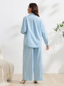 SHEIN طقم دنيم بسيط بألوان فاتحة وفتحة أمامية للحوامل - أزرق فاتح - مشاهدة 8