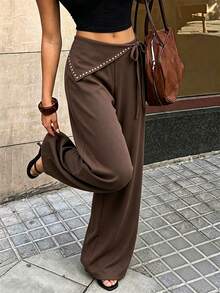 Flora Isola Flora Isola 2026 New Asymmetrical Rivet Lace-Up Patchwork Coffee Brown Long Pants, Fashion Casual Streetwear Office Commute - Brown - View 1