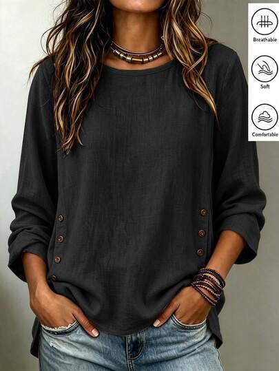 SHEIN Blusa de mujer elegante y casual de moda europea y americana con cuello redondo, diseño asimétrico, dobladillo decorativo con botones, manga larga, top de primavera y verano para mujer, top de manga larga, ropa de primavera, atuendo de verano, vacaciones, salidas, Y2K, primavera, verano, vuelta al colegio, casual, playa, negocios, versátil, sexy, top de mujer color albaricoque