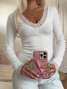 CovetEZ Women's Lace Patchwork Fitted Versatile Daily Brunch Long Sleeve T-Shirt White Autumn Romantic Elegant - White - View 2