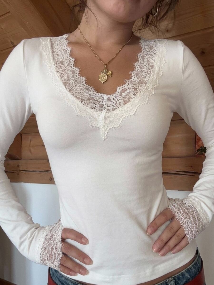 CovetEZ Women's Lace Patchwork Fitted Versatile Daily Brunch Long Sleeve T-Shirt White Autumn Romantic Elegant - White - View 1