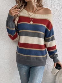 EMERY ROSE Women's Casual Retro Commuter Versatile Striped Off-Shoulder Long Sleeve Loose Sweater, Comfortable, Soft And Warm For Autumn/Winter - Multicolor - View 4