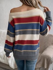 EMERY ROSE Women's Casual Retro Commuter Versatile Striped Off-Shoulder Long Sleeve Loose Sweater, Comfortable, Soft And Warm For Autumn/Winter - Multicolor - View 2