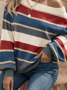 EMERY ROSE Women's Casual Retro Commuter Versatile Striped Off-Shoulder Long Sleeve Loose Sweater, Comfortable, Soft And Warm For Autumn/Winter - Multicolor - View 6