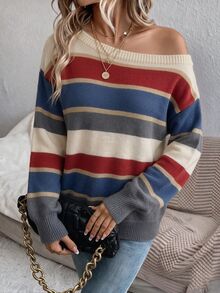 EMERY ROSE Women's Casual Retro Commuter Versatile Striped Off-Shoulder Long Sleeve Loose Sweater, Comfortable, Soft And Warm For Autumn/Winter - Multicolor - View 5