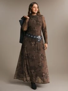 Freevana 女款大尺碼棕色長袖洋裝，彈性網紗貼身剪裁，花卉印花，透視袖，優雅派對穿搭，秋冬女裝 - 棕色 - 查看 6