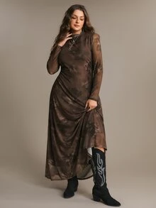 Freevana 女款大尺碼棕色長袖洋裝，彈性網紗貼身剪裁，花卉印花，透視袖，優雅派對穿搭，秋冬女裝 - 棕色 - 查看 4