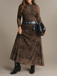 Freevana 女款大尺碼棕色長袖洋裝，彈性網紗貼身剪裁，花卉印花，透視袖，優雅派對穿搭，秋冬女裝 - 棕色 - 查看 9