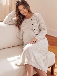 SHEIN Maternity Solid Color Long Sleeve Single-Breasted Knit Cardigan And Sleeveless Knit Dress Set - Apricot - View 3