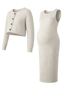 SHEIN Maternity Solid Color Long Sleeve Single-Breasted Knit Cardigan And Sleeveless Knit Dress Set - Apricot - View 8