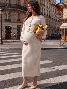 SHEIN Maternity Solid Color Long Sleeve Single-Breasted Knit Cardigan And Sleeveless Knit Dress Set - Apricot - View 4