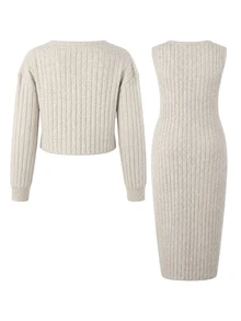 SHEIN Maternity Solid Color Long Sleeve Single-Breasted Knit Cardigan And Sleeveless Knit Dress Set - Apricot - View 5