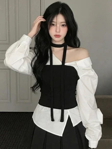 DAZY 白色拼接黑色抹胸收腰 2 合 1 長袖休閒時尚女款衛衣上衣 - 白色 - 查看 5