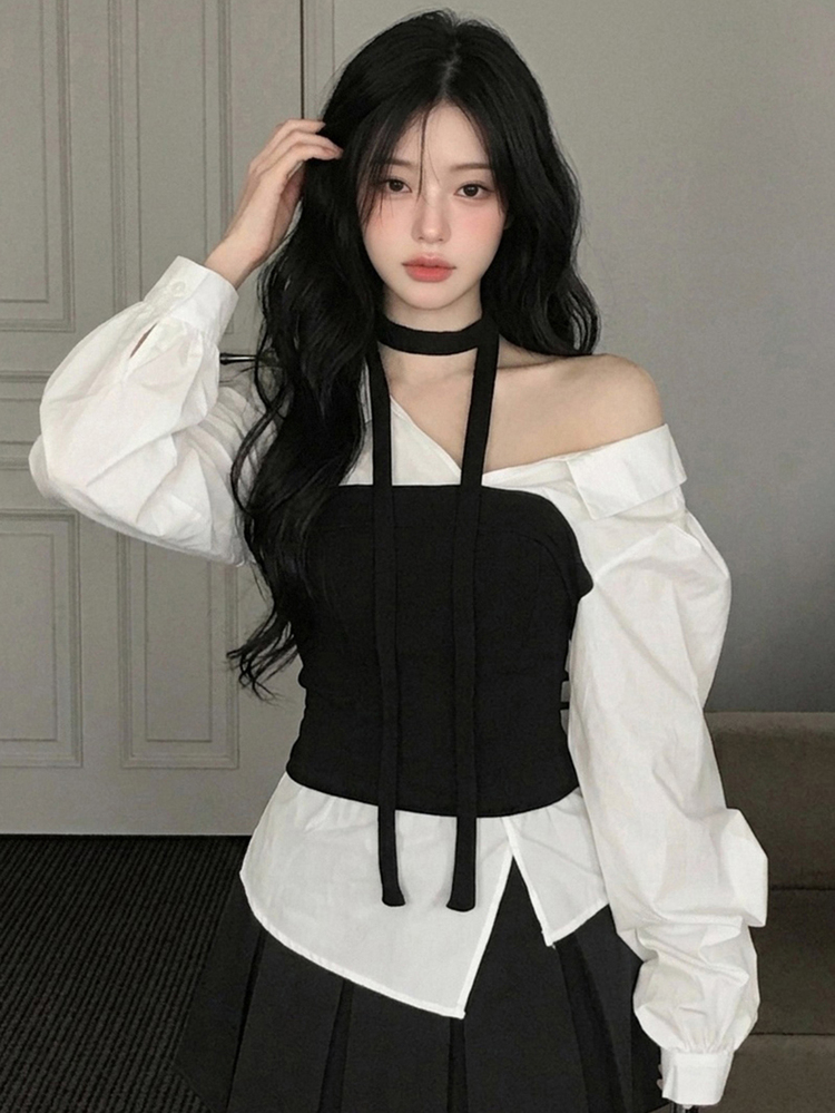 DAZY 白色拼接黑色抹胸收腰 2 合 1 長袖休閒時尚女款衛衣上衣 - 白色 - 查看 5
