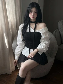 DAZY 白色拼接黑色抹胸收腰 2 合 1 長袖休閒時尚女款衛衣上衣 - 白色 - 查看 6