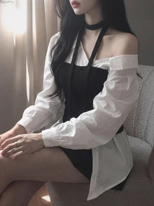 DAZY 白色拼接黑色抹胸收腰 2 合 1 長袖休閒時尚女款衛衣上衣 - 白色 - 查看 4